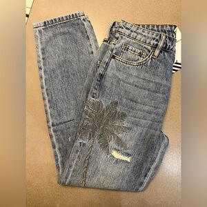 Free People Sandrine Rose denim jeans Palm Tree Embroidered size 26 NWT
